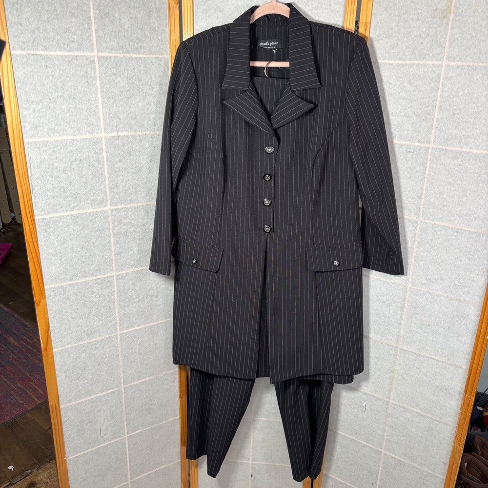 VTG Chad's Place Pinstripe Dress Suit Women 16W Black 3-pc Blazer Sheath Set USA